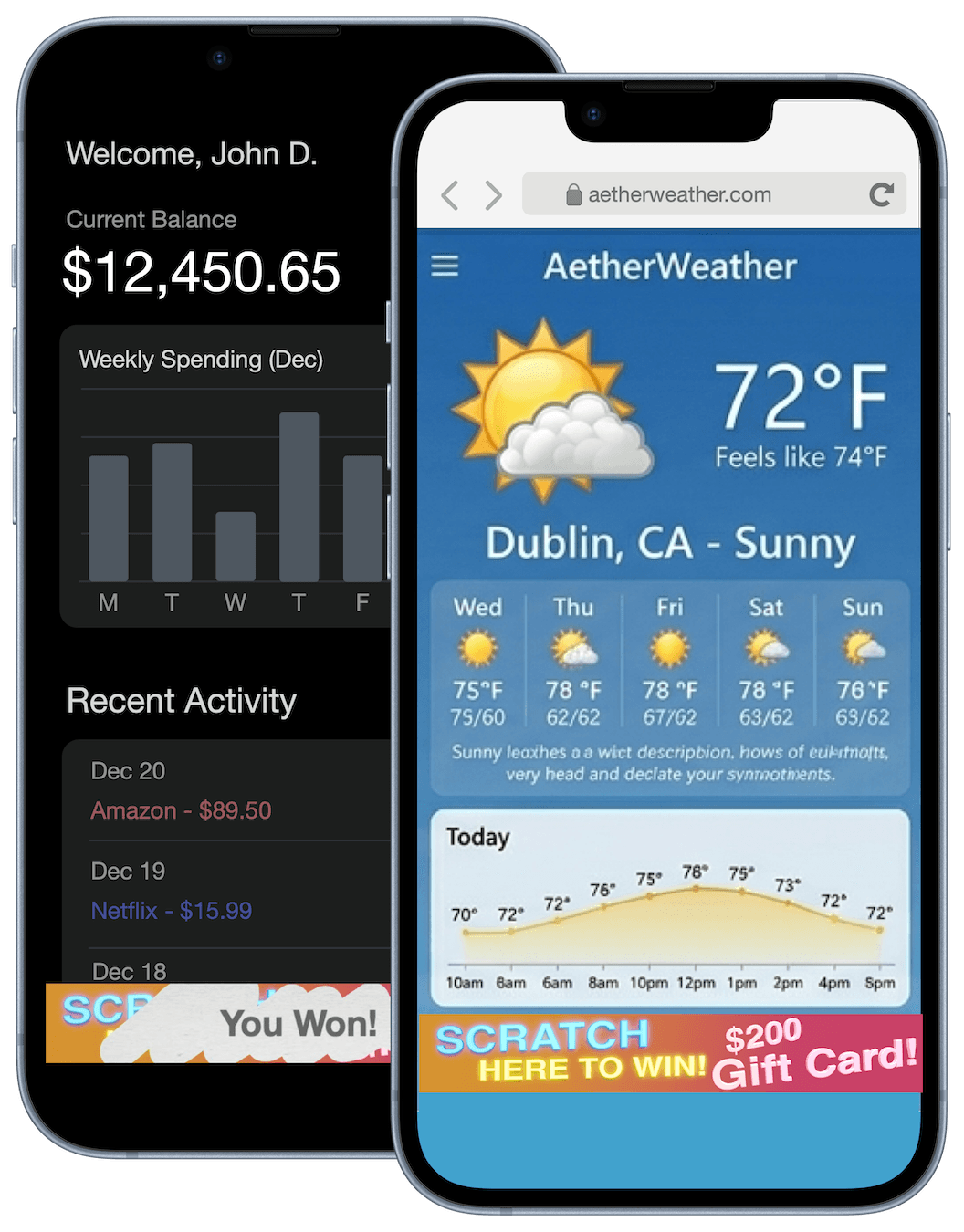 Two iPhone mockups showing SkratchAds scratch-to-win banner ads
